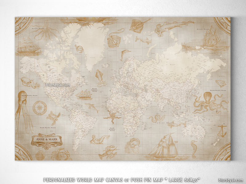 Custom large & highly detailed world map canvas print or push pin map with sea monsters and sail ships. "Mar"