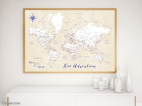 Custom print: world map with cities in white, cream, navy blue and red. "Deuce"