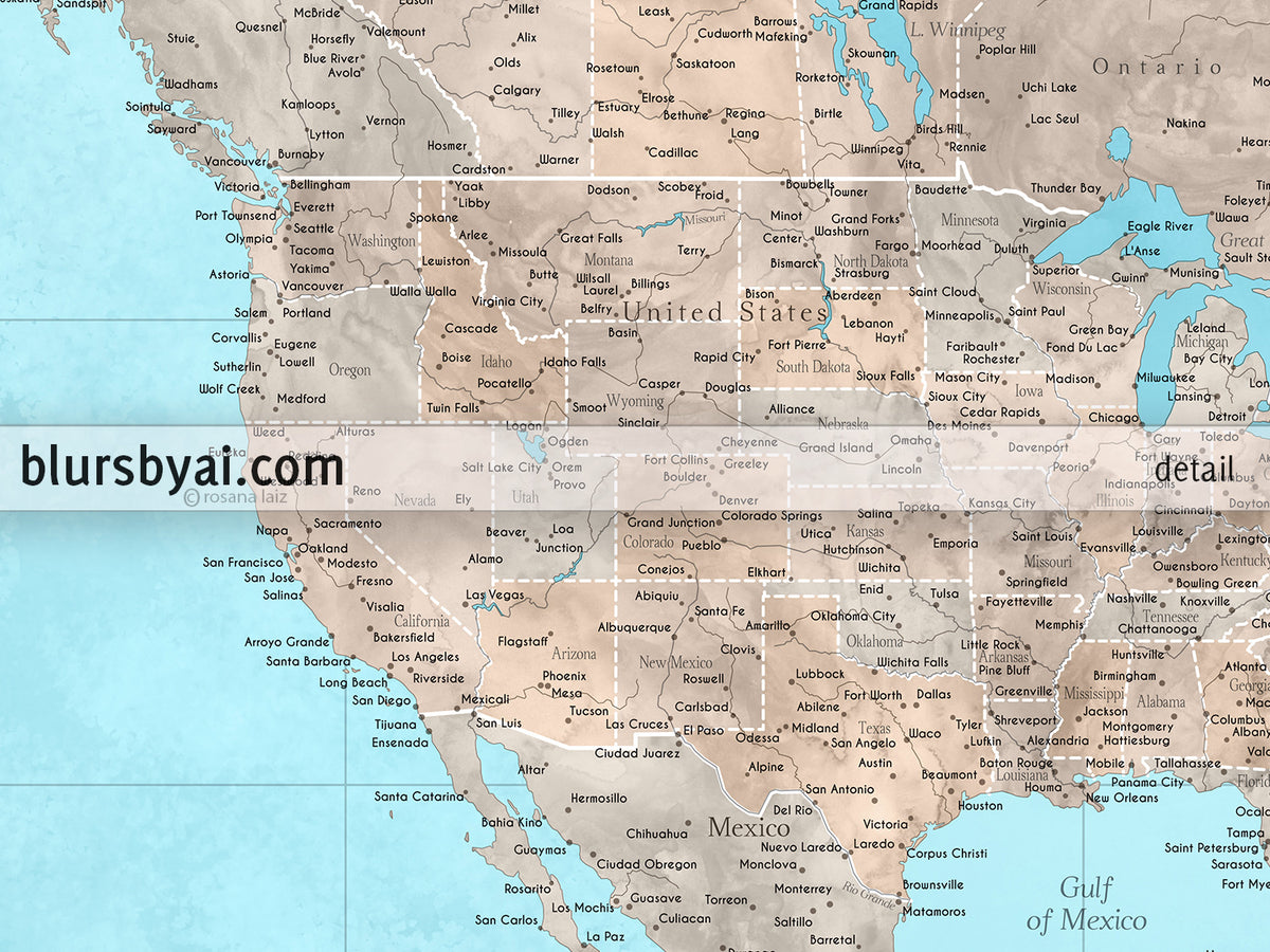 Custom world map print - highly detailed map with cities in light blue and brown watercolor. "Henry"