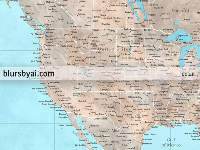Custom world map print - highly detailed map with cities in light blue and brown watercolor. "Henry"