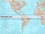 Custom world map print - highly detailed map with cities in light blue and brown watercolor. "Henry"