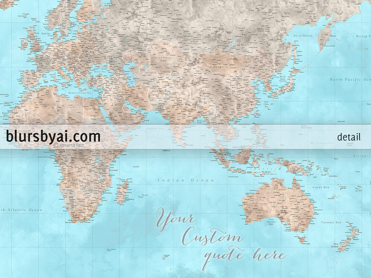 Custom world map print - highly detailed map with cities in light blue and brown watercolor. "Henry"