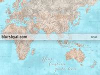 Custom world map print - highly detailed map with cities in light blue and brown watercolor. "Henry"