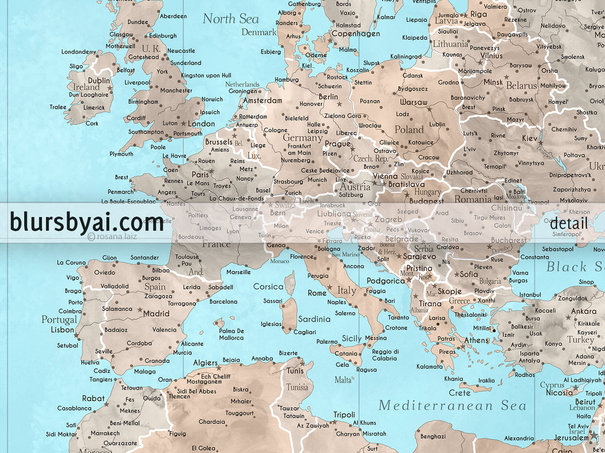 Custom world map print - highly detailed map with cities in light blue and brown watercolor. "Henry"