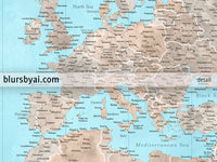 Custom world map print - highly detailed map with cities in light blue and brown watercolor. "Henry"