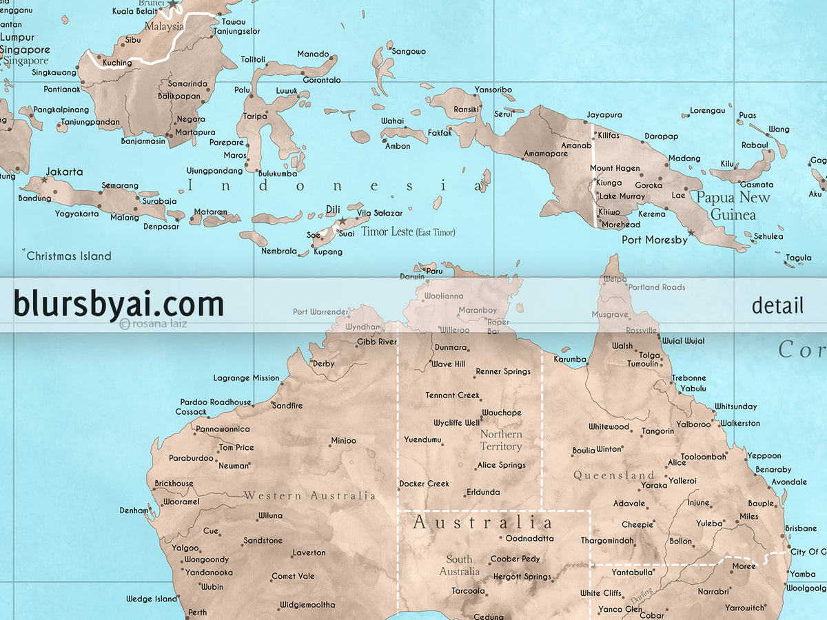 Custom world map print - highly detailed map with cities in light blue and brown watercolor. "Henry"