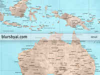 Custom world map print - highly detailed map with cities in light blue and brown watercolor. "Henry"