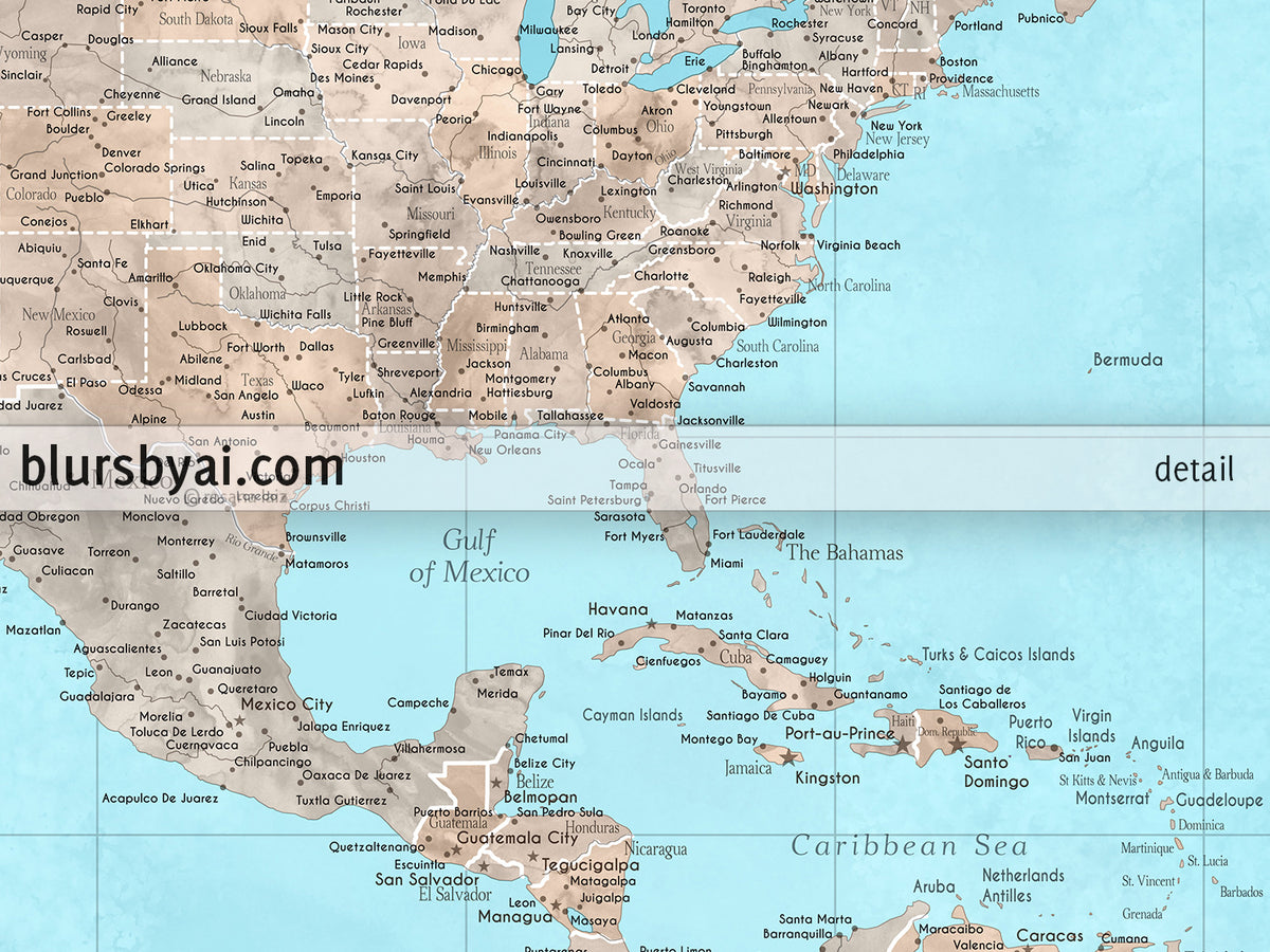 Custom world map print - highly detailed map with cities in light blue and brown watercolor. "Henry"