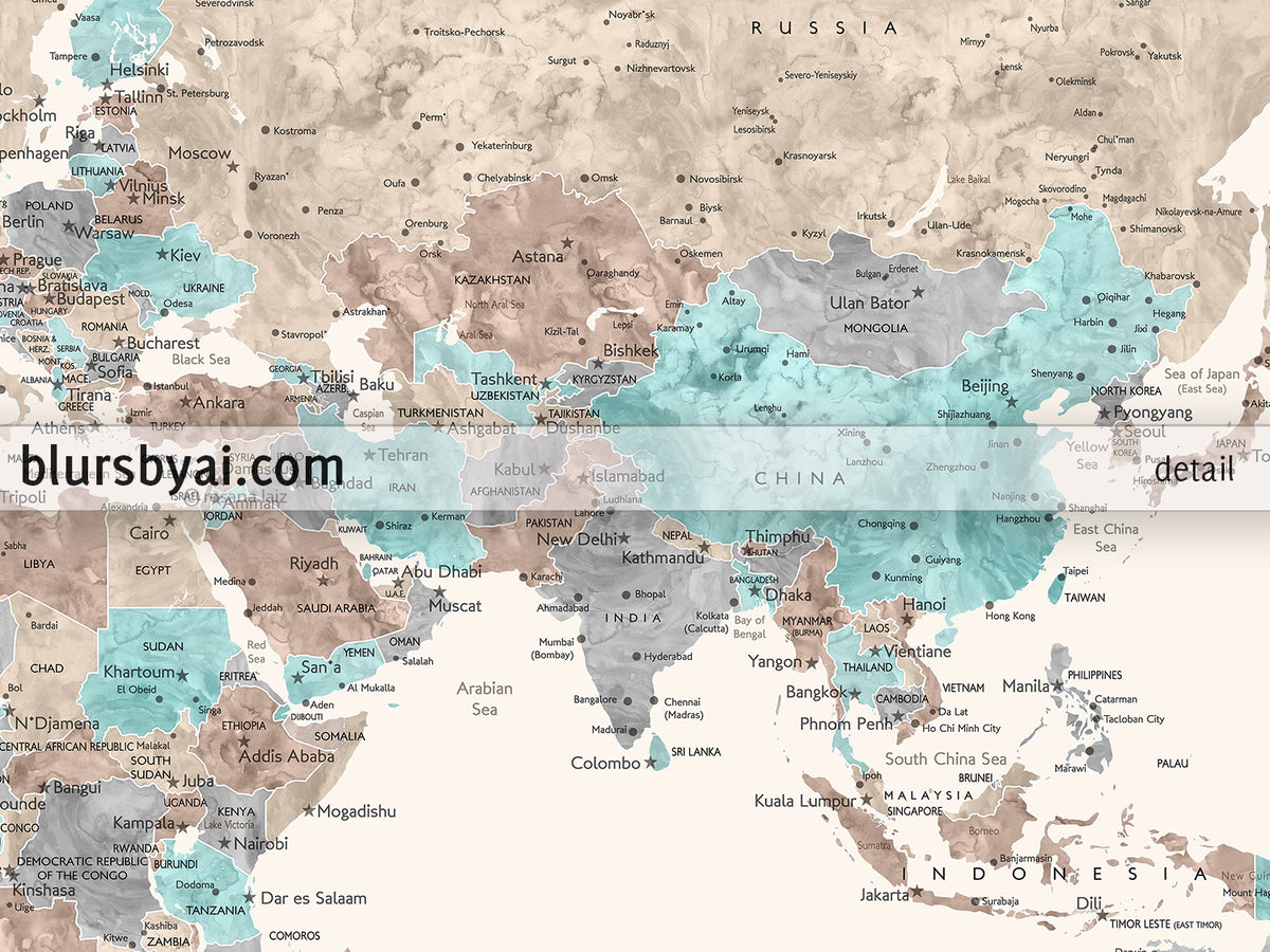 Art print on paper: custom world map with cities in cream, turquoise and brown. "Romy"