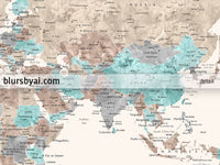 Art print on paper: custom world map with cities in cream, turquoise and brown. "Romy"