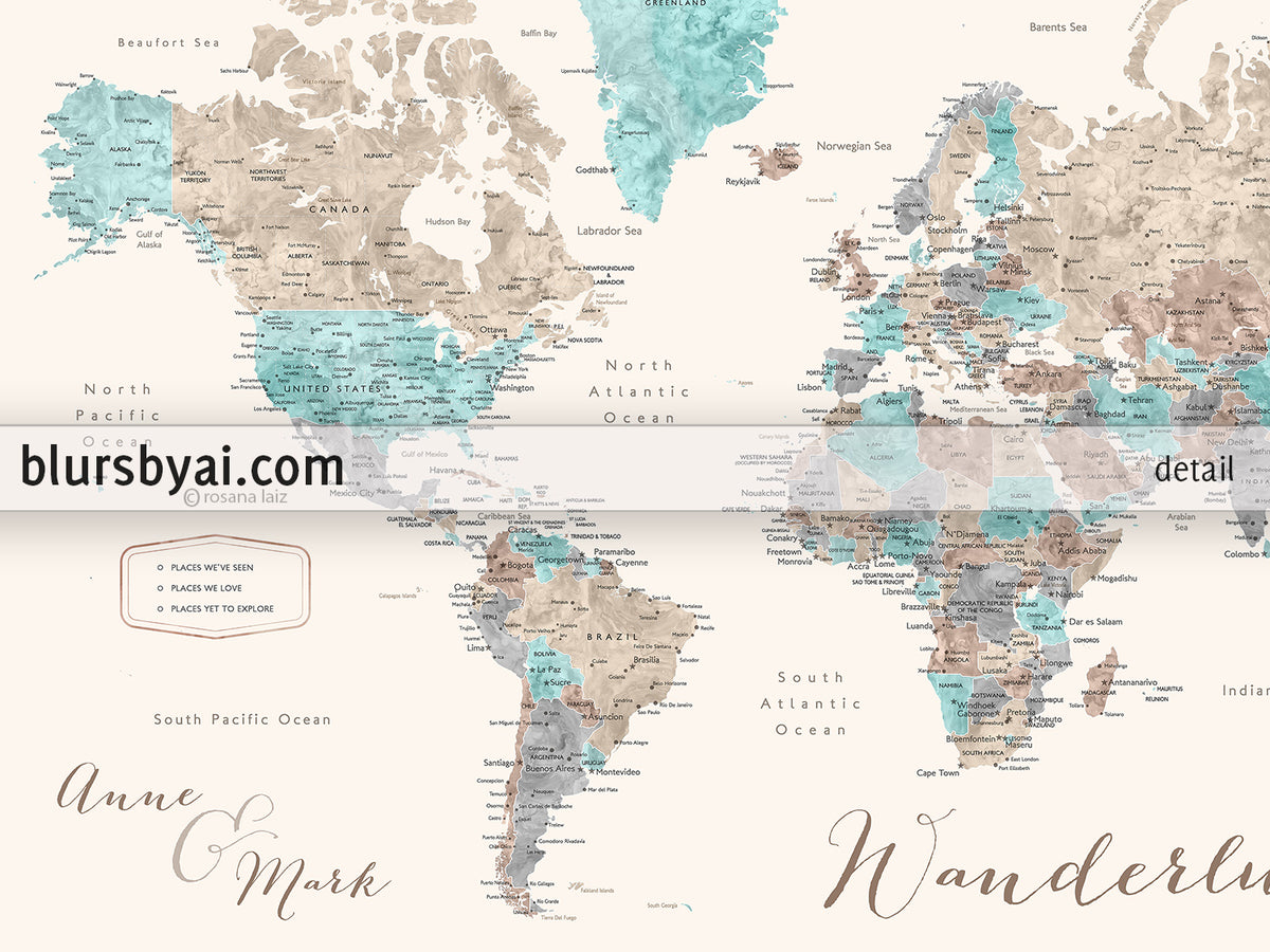 Art print on paper: custom world map with cities in cream, turquoise and brown. "Romy"