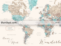 Art print on paper: custom world map with cities in cream, turquoise and brown. "Romy"