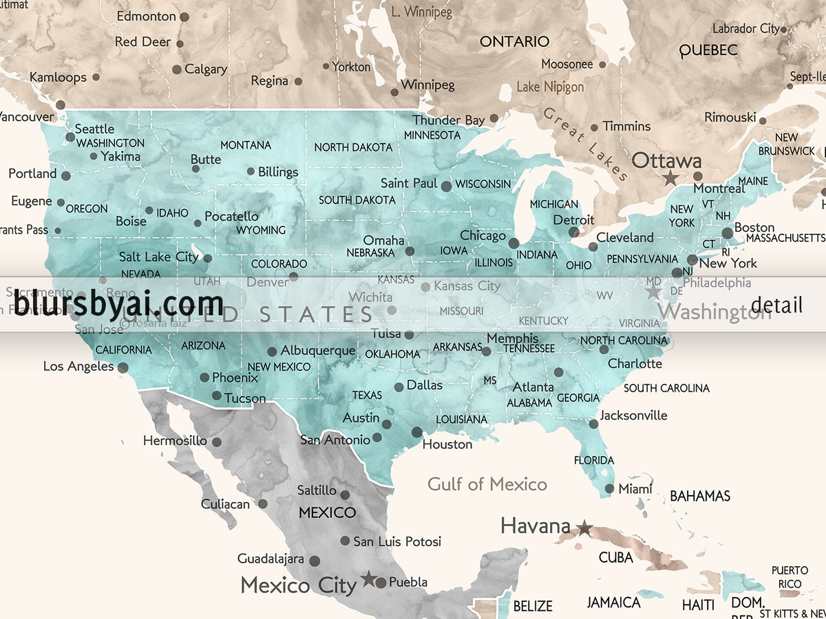 Custom print: world map with cities in beige, brown, aquamarine and grey. "Romy"