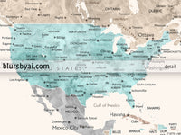 Art print on paper: custom world map with cities in cream, turquoise and brown. "Romy"