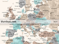Custom print: world map with cities in beige, brown, aquamarine and grey. "Romy"