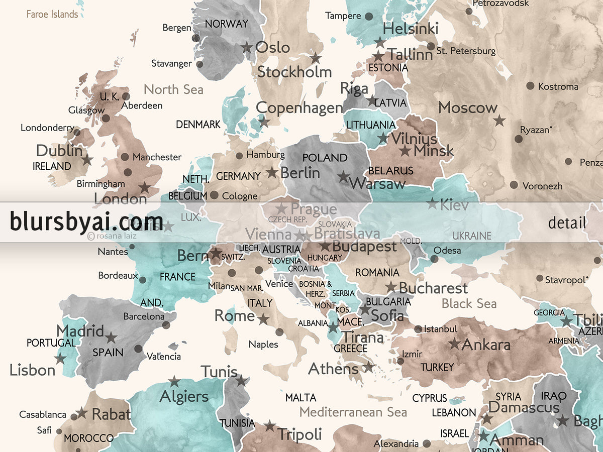 Art print on paper: custom world map with cities in cream, turquoise and brown. "Romy"