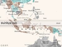 Art print on paper: custom world map with cities in cream, turquoise and brown. "Romy"