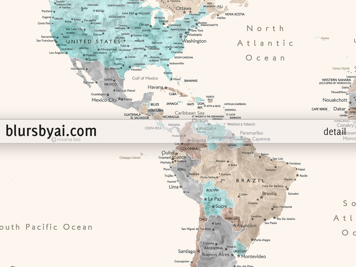 Art print on paper: custom world map with cities in cream, turquoise and brown. "Romy"