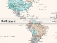 Art print on paper: custom world map with cities in cream, turquoise and brown. "Romy"