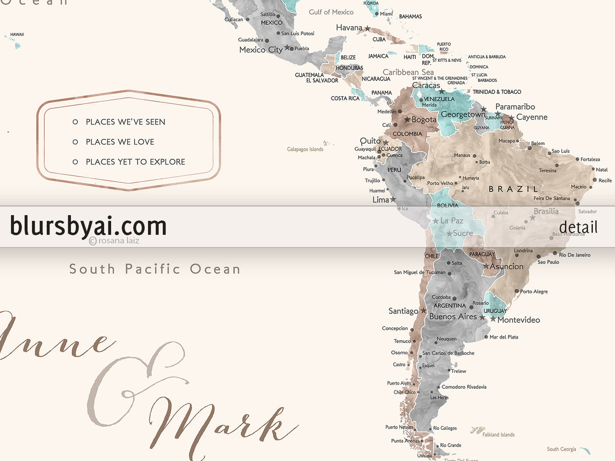 Art print on paper: custom world map with cities in cream, turquoise and brown. "Romy"