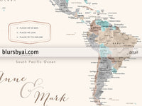 Art print on paper: custom world map with cities in cream, turquoise and brown. "Romy"