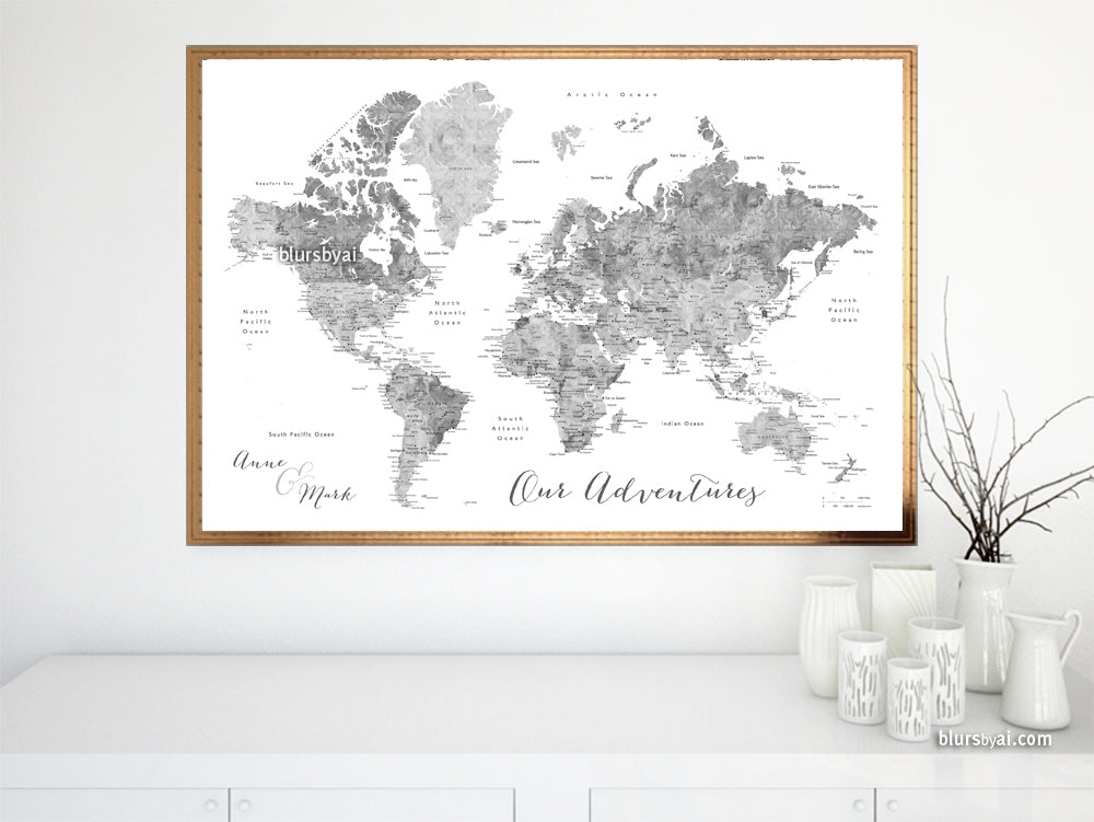 Custom color art print on paper: bespoke world map with cities