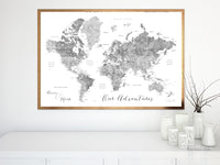 Custom color art print on paper: bespoke world map with cities