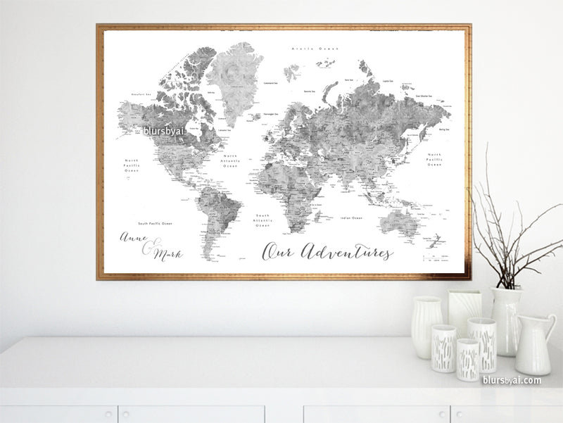 Custom color art print on paper: bespoke world map with cities