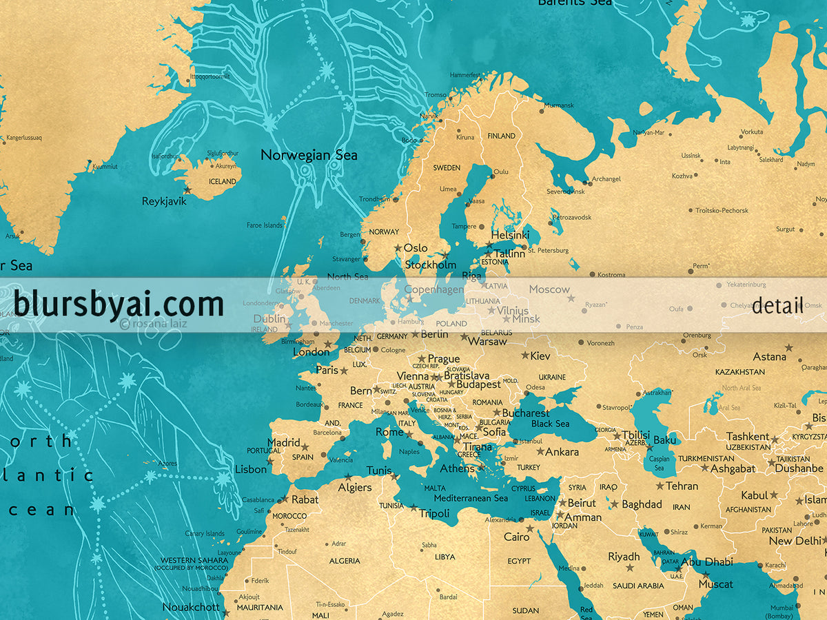 Custom map print: world map with cities and zodiac constellation drawings. "Lexy"