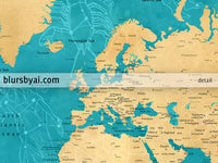 Custom map print: world map with cities and zodiac constellation drawings. "Lexy"