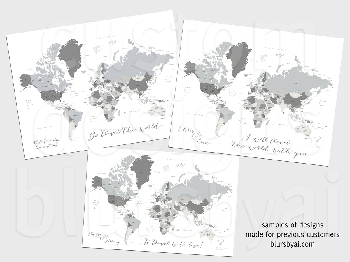 Custom map print: gray world map with countries and states. "Concrete hues"