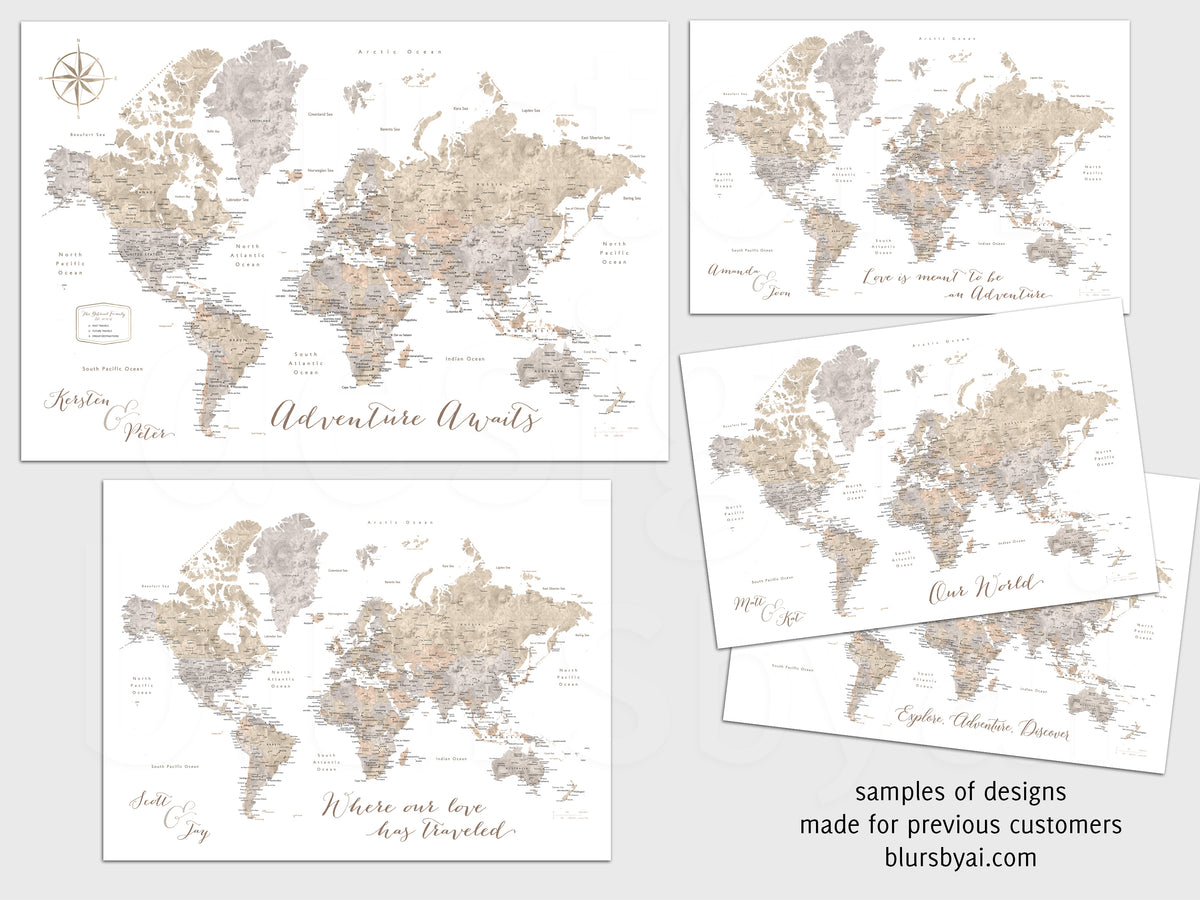Custom print: world map with cities in taupe, cream and grey neutral watercolor. "Abey"