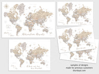 Custom print: world map with cities in taupe, cream and grey neutral watercolor. "Abey"