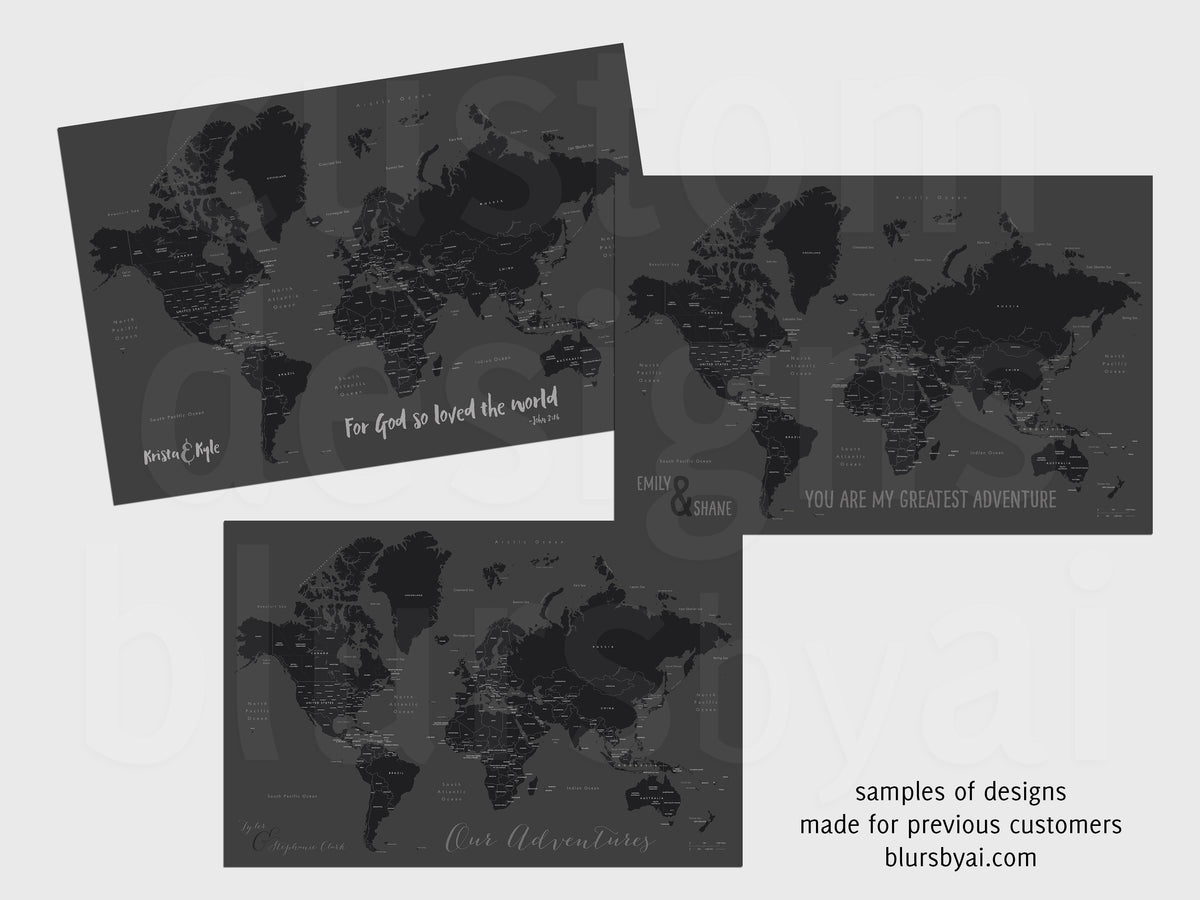 Custom map print: world map with countries and states in black and gray. "So simple"