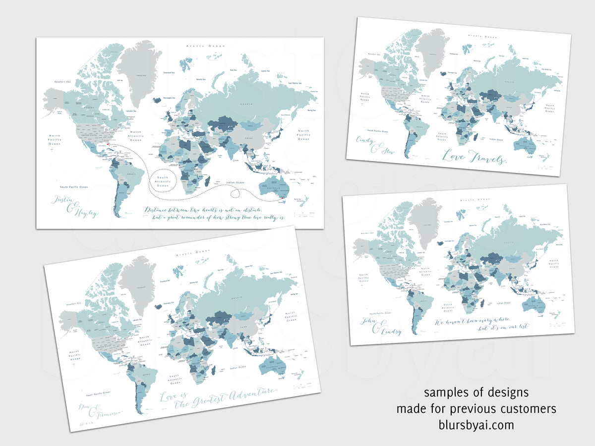 Custom map print: world map with countries and states in muted hues. "Muted beach"