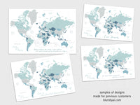 Custom map print: world map with countries and states in muted hues. "Muted beach"
