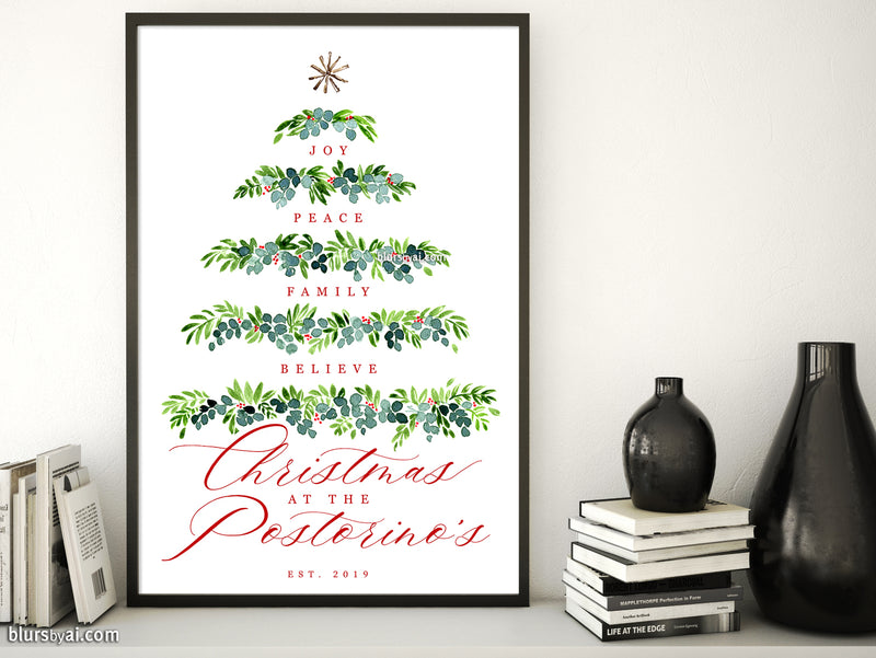 Custom family name art print - "Watercolor greenery Christmas tree"