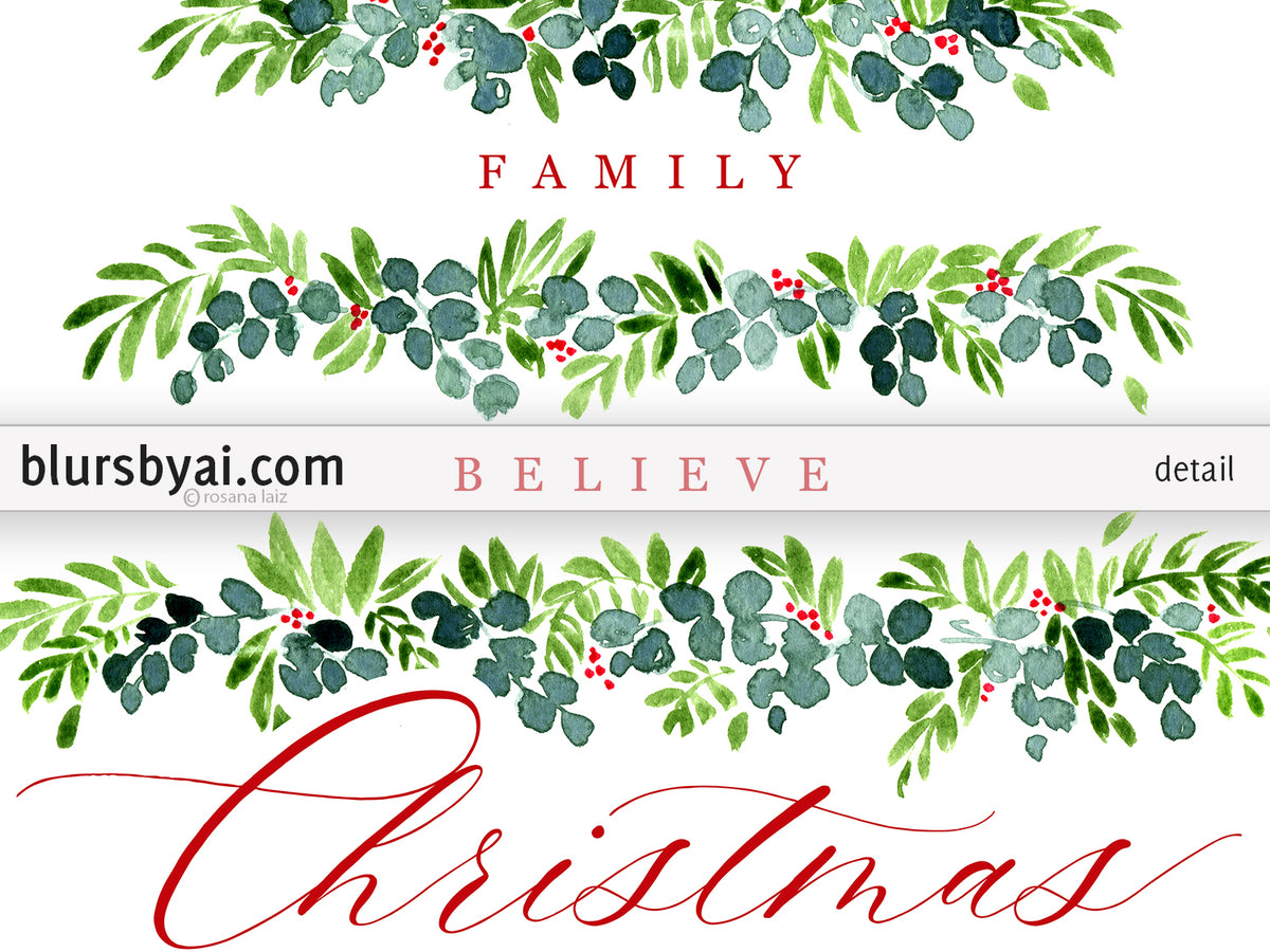 Custom family name art print - "Watercolor greenery Christmas tree"