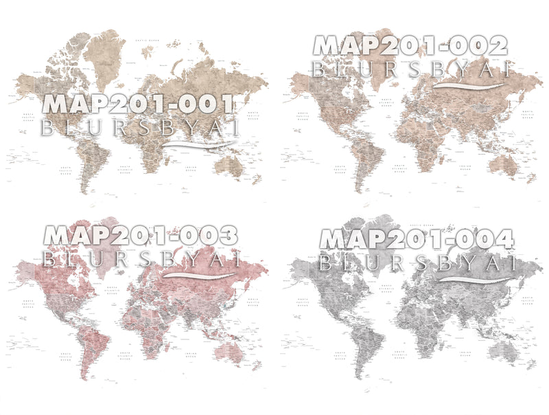 Art print on paper: custom detailed world map with cities and US state capitals. ALL COLOR CHOICES