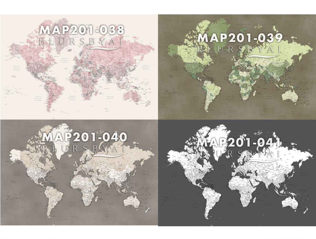 Custom world map print on rolled canvas, with cities and US state capitals. ALL COLOR CHOICES.