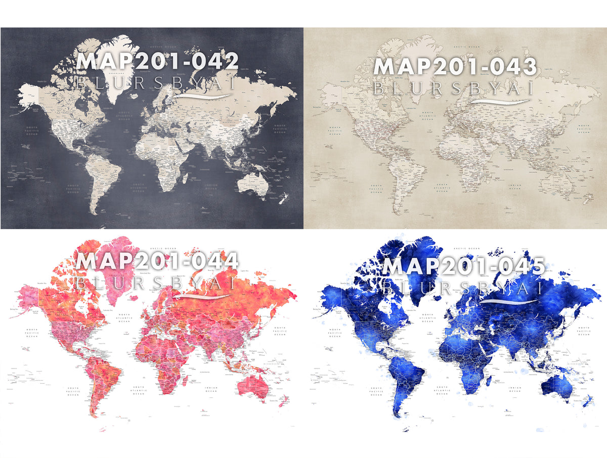 Art print on paper: custom detailed world map with cities and US state capitals. ALL COLOR CHOICES