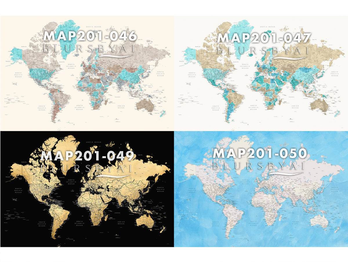 Art print on paper: custom detailed world map with cities and US state capitals. ALL COLOR CHOICES