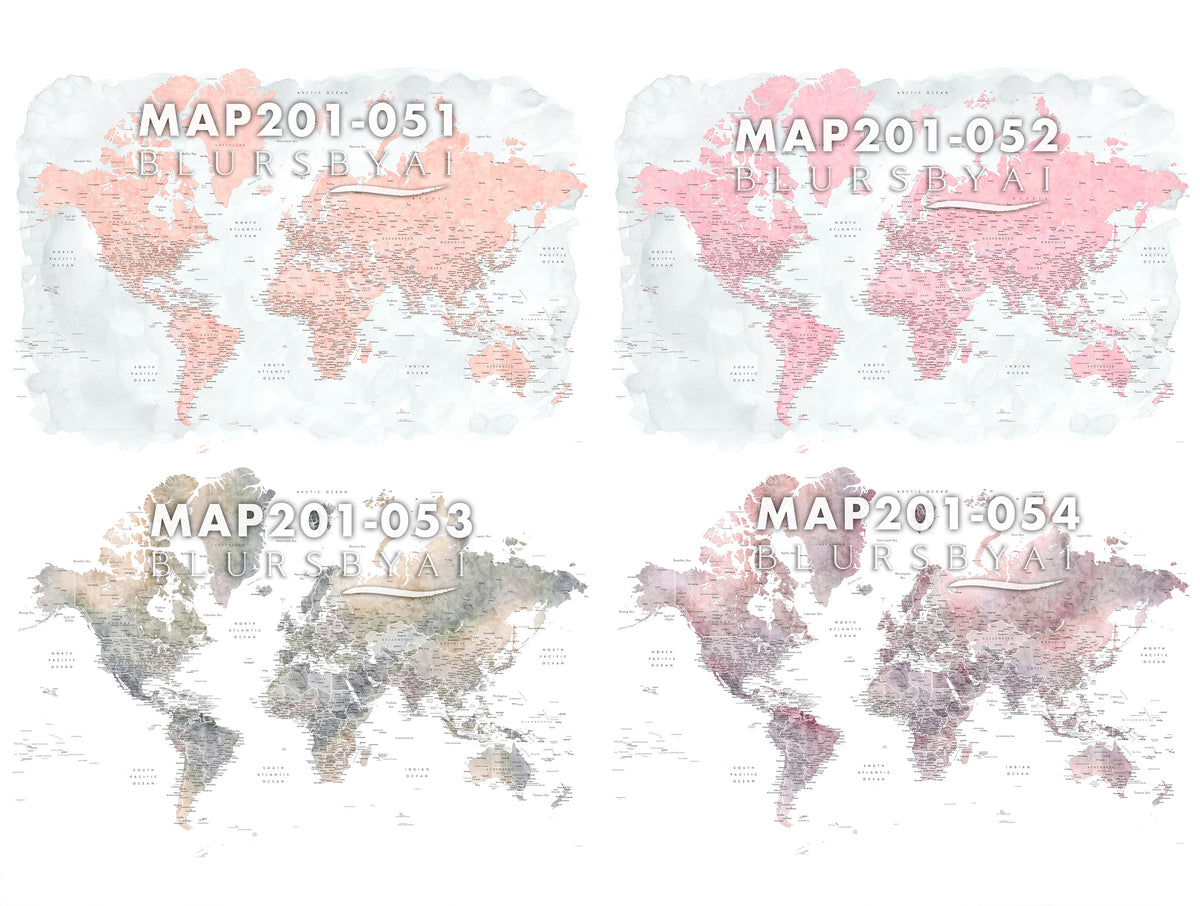 Art print on paper: custom detailed world map with cities and US state capitals. ALL COLOR CHOICES