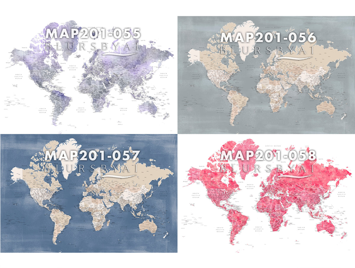 Custom world map print on rolled canvas, with cities and US state capitals. ALL COLOR CHOICES.