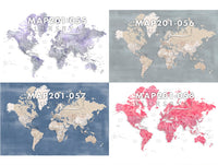 Custom world map print on rolled canvas, with cities and US state capitals. ALL COLOR CHOICES.