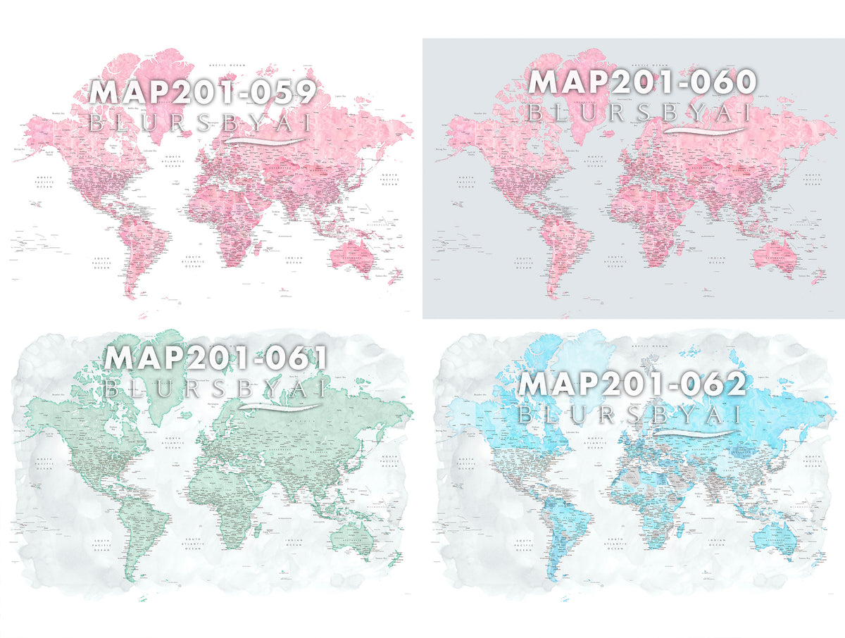 Art print on paper: custom detailed world map with cities and US state capitals. ALL COLOR CHOICES