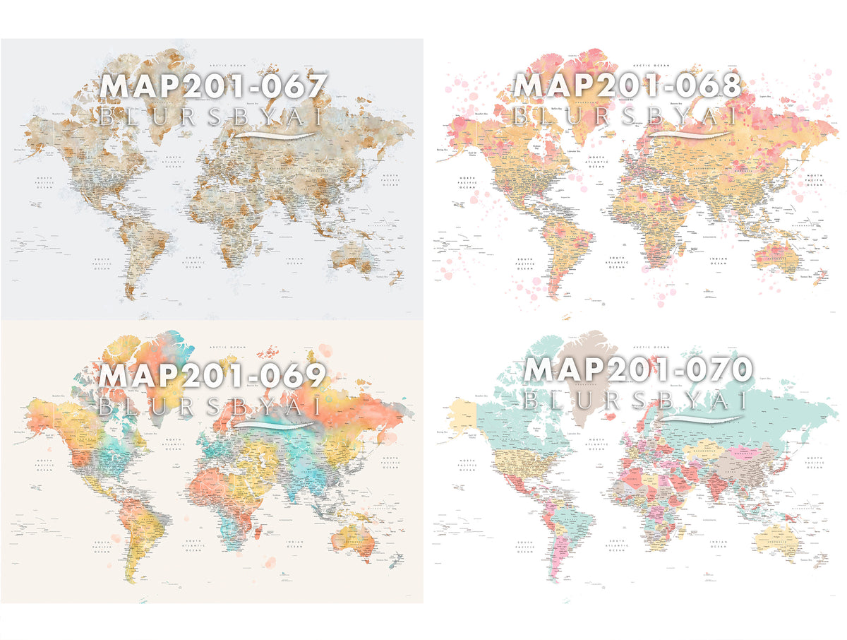 Art print on paper: custom detailed world map with cities and US state capitals. ALL COLOR CHOICES