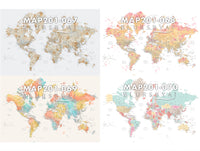 Custom world map print on rolled canvas, with cities and US state capitals. ALL COLOR CHOICES.