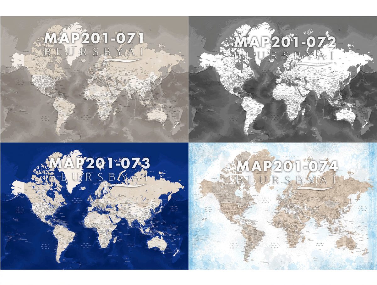 Custom world map print on rolled canvas, with cities and US state capitals. ALL COLOR CHOICES.