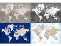 Custom world map print on rolled canvas, with cities and US state capitals. ALL COLOR CHOICES.